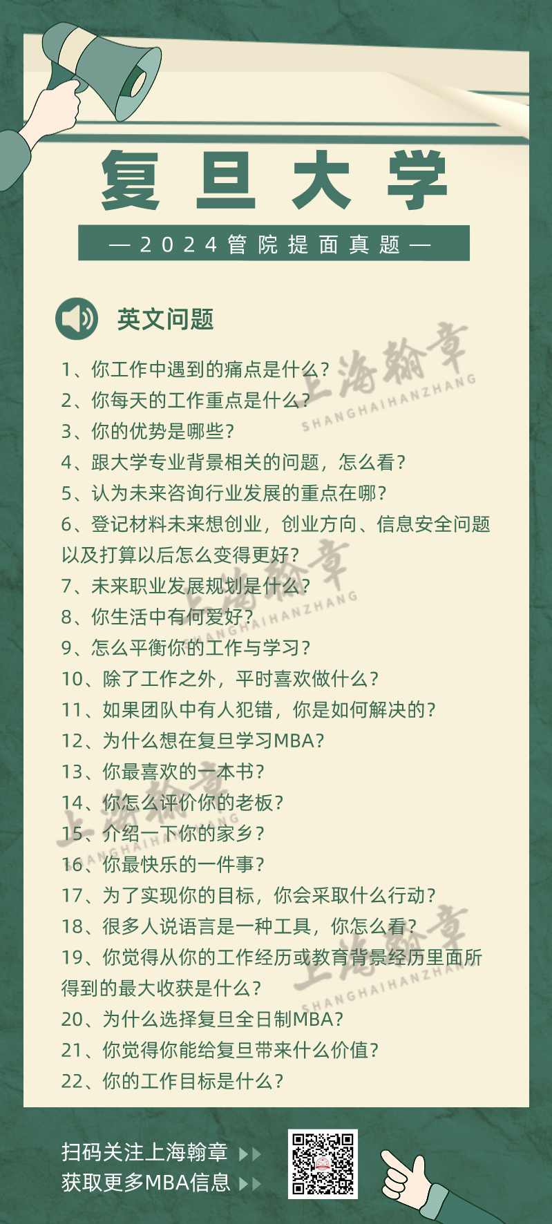 复旦大学管理学院MBA提前面试英文问题